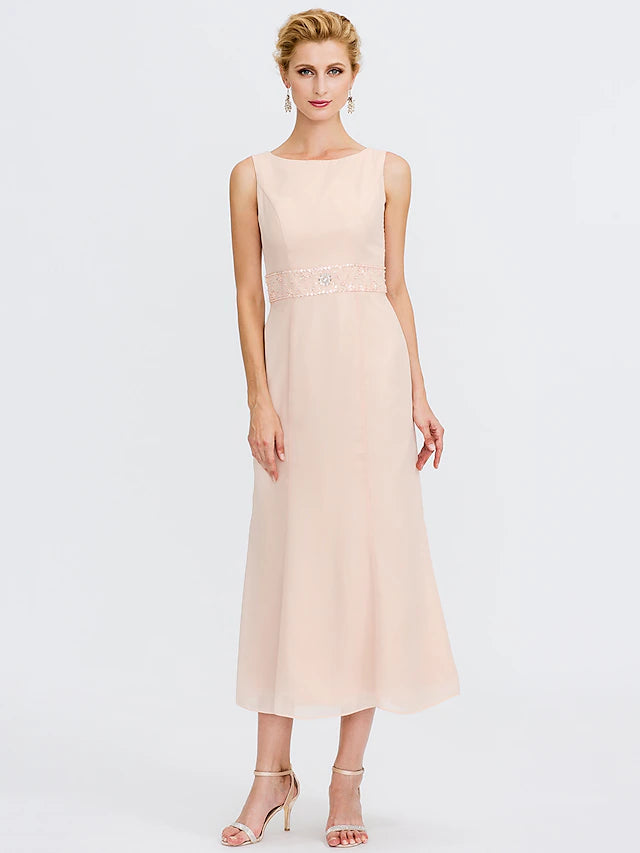 Zweiteiliges Etuikleid/Säulenkleid für die Brautmutter, Übergröße, elegant, Rundhalsausschnitt, knielang, Chiffon, ärmellos, Wickelkleid, inklusive Schärpe/Band, Falten, Perlenbesatz